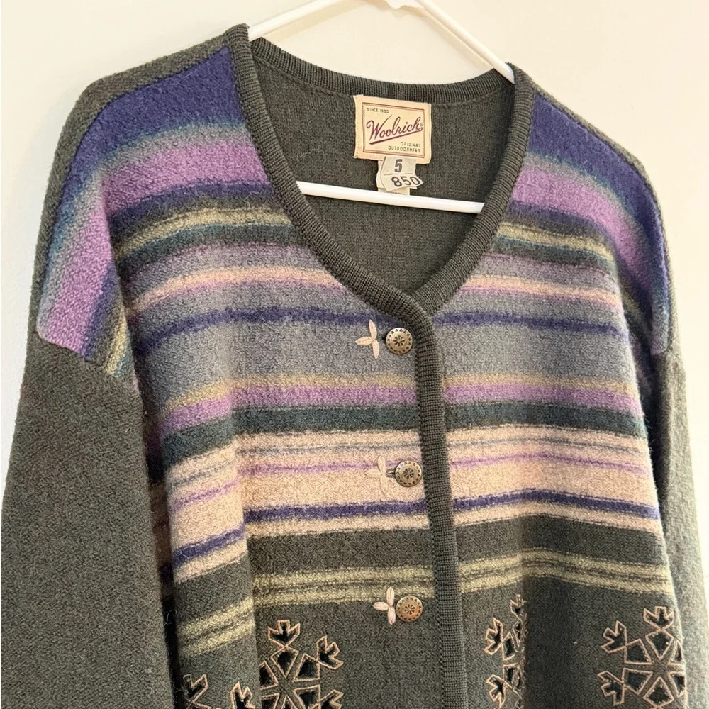 VTG Woolrich Womens Lg Wool Nordic Cardigan Sweater Deep Forest Green Snowflake - Picture 2 of 12